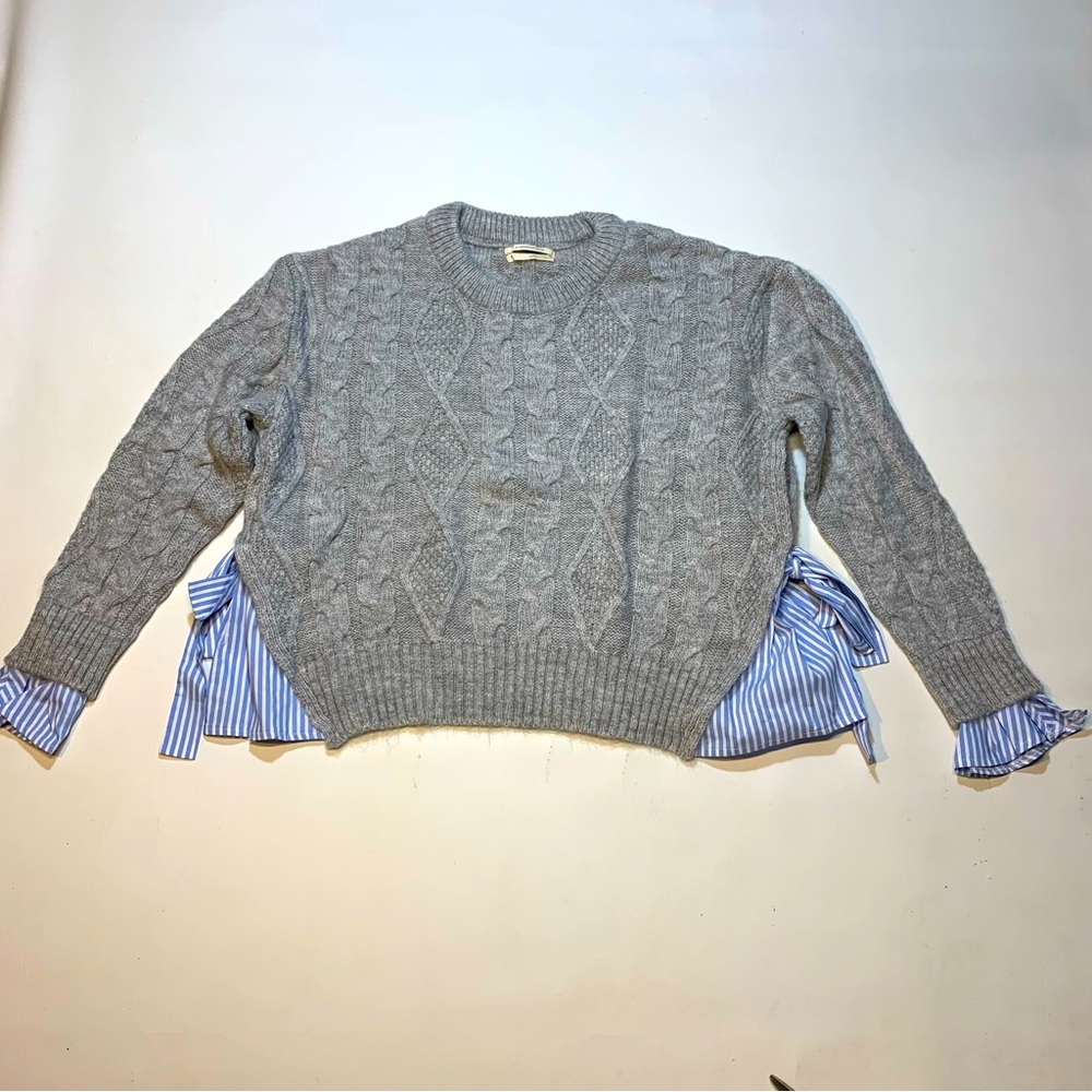 Anthropologie Women's XS Sweater Oversize Cable Knit Mixed Media Layer Gray Blue